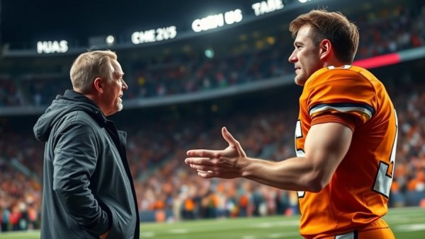 Denver local news: football player and coach discussing strategy.