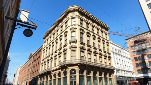 Historic building with street construction in Denver, showcasing local business scene.