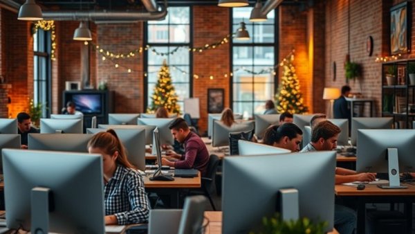 Open-plan office with employees working, Inspirato CFO Resigns atmosphere.