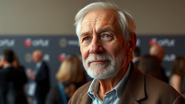 Elderly man attending event, showcasing gentle demeanor.
