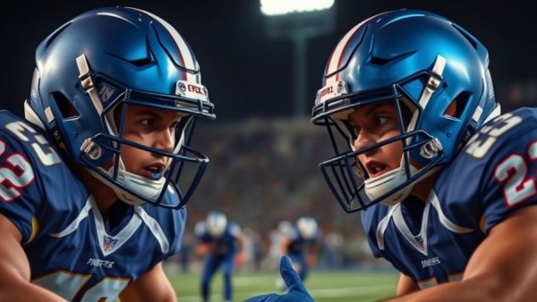 Denver local news: Football players competing in a nighttime game.