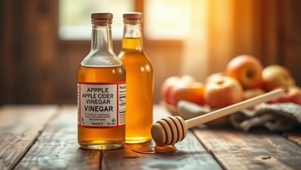Apple cider vinegar bottle and honey dipper on rustic table.