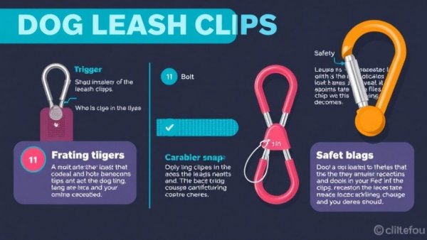 Dog leash safety clip infographic explaining trigger, bolt, and carabiner types.