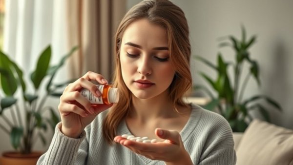 Young woman examining medicine, representing effects of antibiotics on gut health.