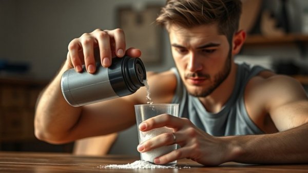 Focused man pouring creatine powder into shaker, illustrating creatine side effects.