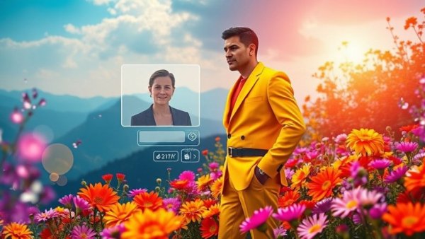 Digital collage with vibrant flowers and person in yellow suit, Adobe Firefly for Families.