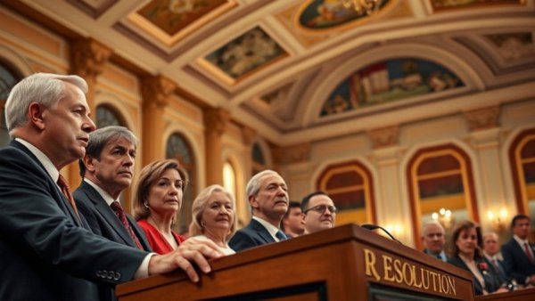 Politicians discuss US government shutdown ending in a grand hall.