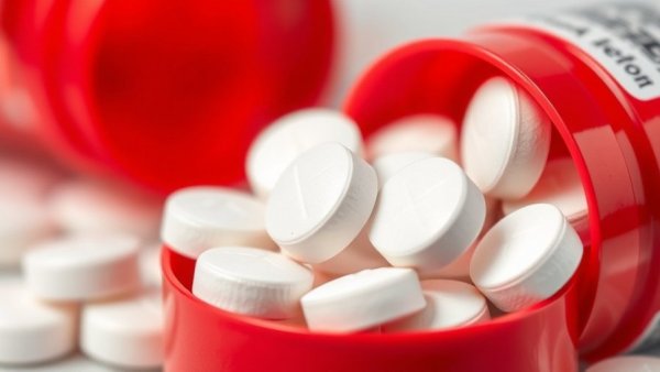 Close-up of white Tylenol pills in a red cap, acetaminophen detail