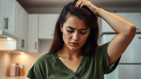 Woman experiencing low blood sugar symptoms in a modern kitchen.