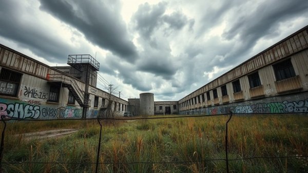 Abandoned building with graffiti in Denver's industrial area, dramatic sky.