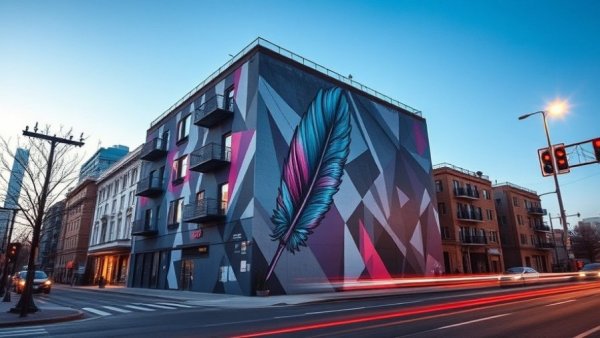 Sonder Hotel with vibrant feather mural in Denver