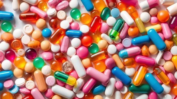 Colorful array of pills and capsules in various shapes.