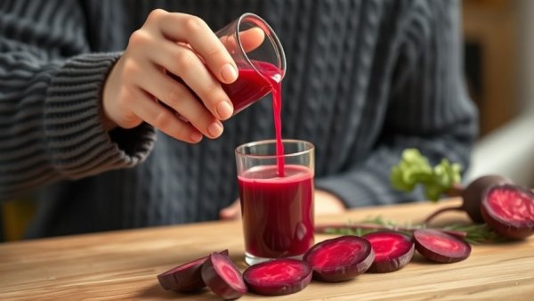 Pouring beet juice for daily wellness in a cozy setting.
