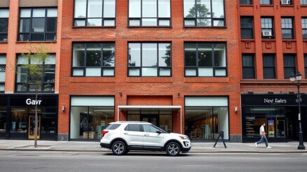 Modern building in Denver with retail space and SUV, denver business news.