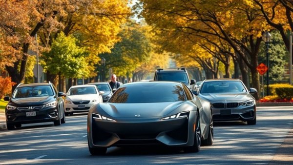 Denver traffic scene with diverse cars under autumn foliage.