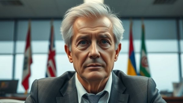 Neutral expression of older man sitting in office environment.