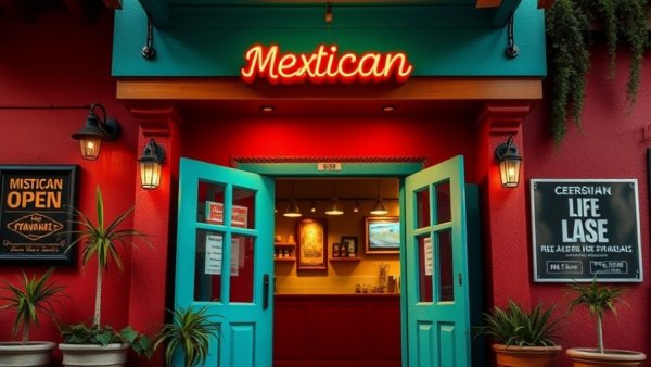 Mexican-style restaurant with bright turquoise doors and open sign at Denver Fashion Week SOCIETY Show food venue.