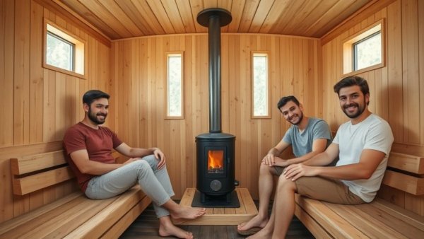 Inside Denver bathhouse: modern wooden sauna with three men smiling.
