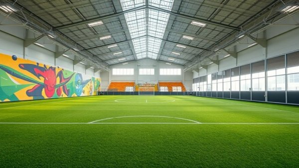 Indoor soccer field in Denver soccer retailer with vibrant murals