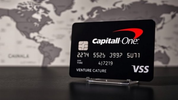 Capital One Venture X card illustration with world map background.
