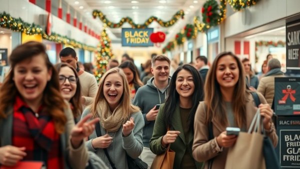 Shoppers excited in a mall, exploring Black Friday Buying Guide 2025 deals.