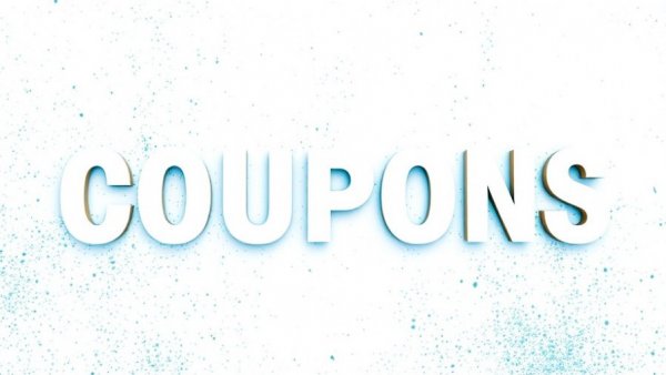 Colorful digital 'COUPONS' text on gradient background.