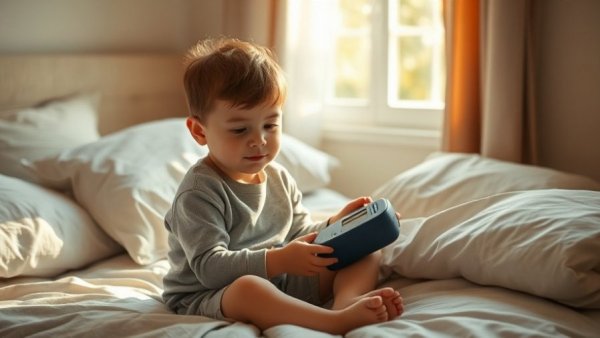 Child sitting in bed checking blood pressure, highlighting childhood hypertension prevalence.