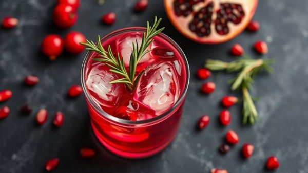Close-up of cranberry and pomegranate juice with ice and rosemary.