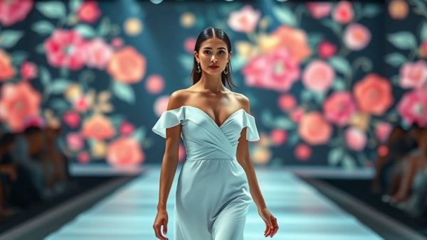 Denver Fashion Week SOCIETY show model on runway with floral digital backdrop.