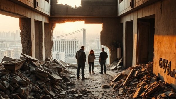 Kyiv drone attack aftermath, civilians examining building damage.