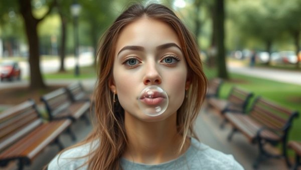 Young woman blowing gum bubble in park, What Happens When You Swallow Gum.