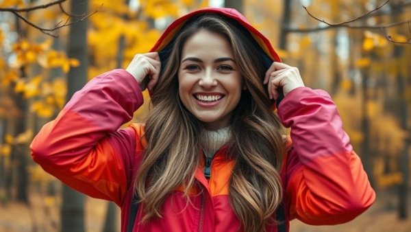 Smiling woman in colorful jacket adjusting hood in autumn forest