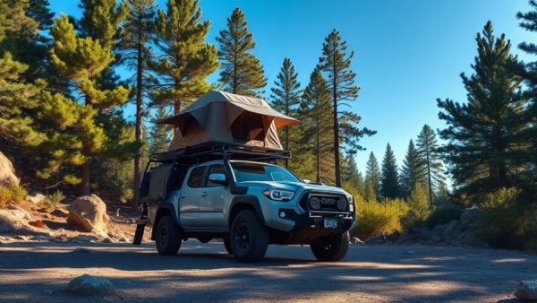Impact of tariffs on local businesses represented by an off-road truck with rooftop tent in a forest.