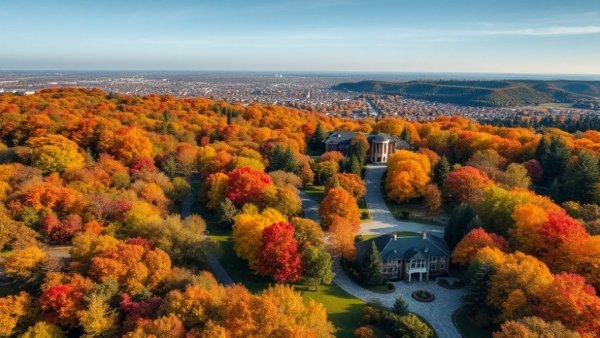 Cherry Hills estate for sale with autumn foliage and city view.