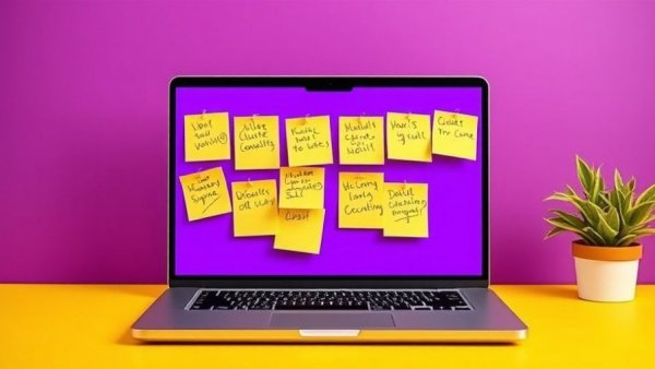 Vibrant laptop screen with sticky notes representing AI Features in OmniFocus