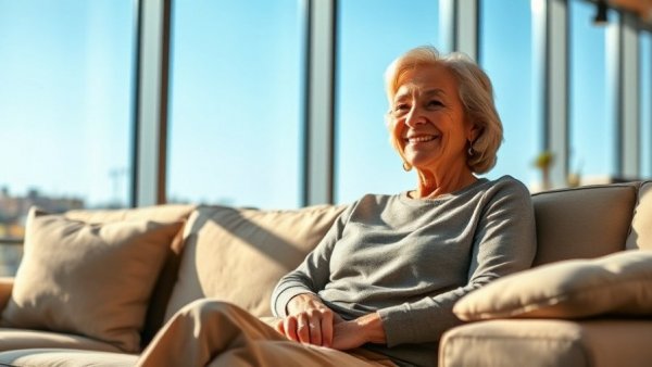 Middle-aged woman in modern sunlit room, Finland Colorado quantum industry.