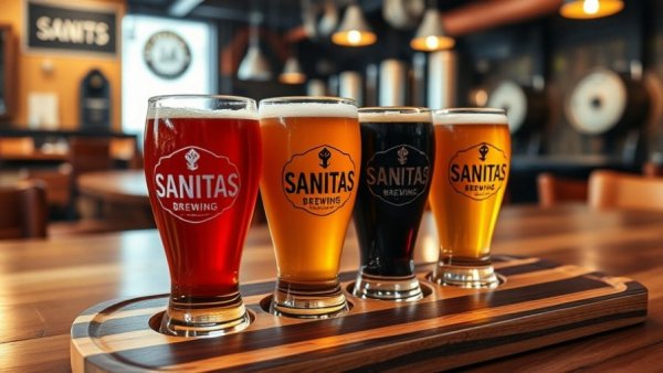 Assorted beers in Sanitas Brewing glasses on a wooden tray.