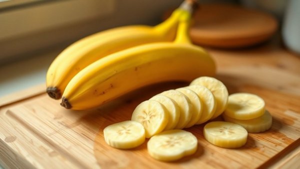 Sliced banana and whole bananas on a wooden board for energy and potassium.