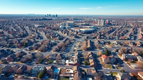 Denver news: Aerial view of suburban Denver neighborhood with winter trees.