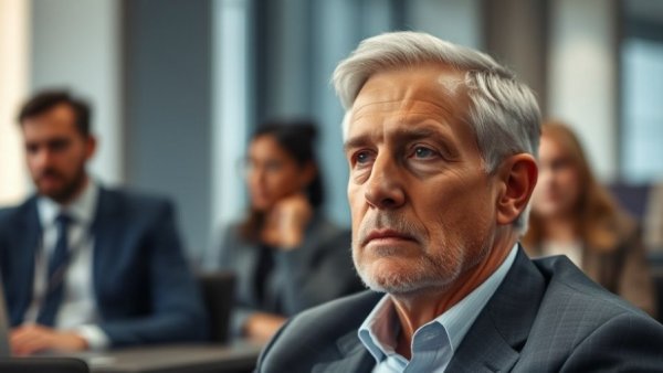 Focused older man in office setting amid blurred figures, release of Epstein files, soft lighting.
