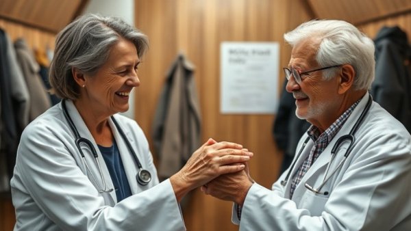 Doctor consults elderly woman for AMA vaccine advocacy.