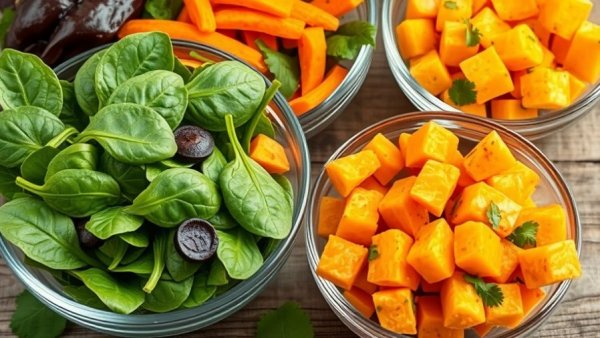 Nutrient-rich spinach and sweet potatoes in bowls, rich in vitamin A.