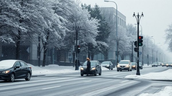 Denver local news: Snowy street scene with pedestrians and cars covered in snow.