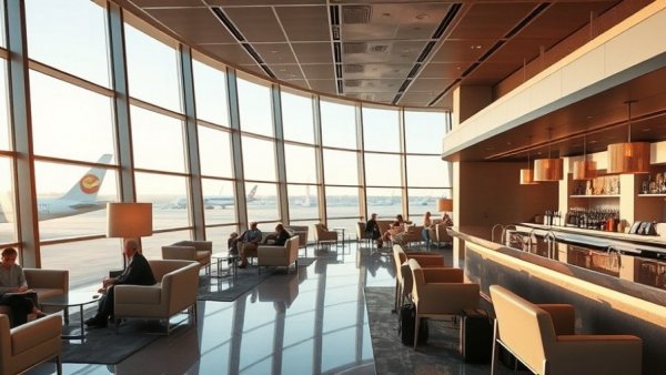 Luxurious airport lounge with plush seating and bar at United Club HKG.