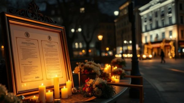 Illuminated memorial with documents and candles in denver news