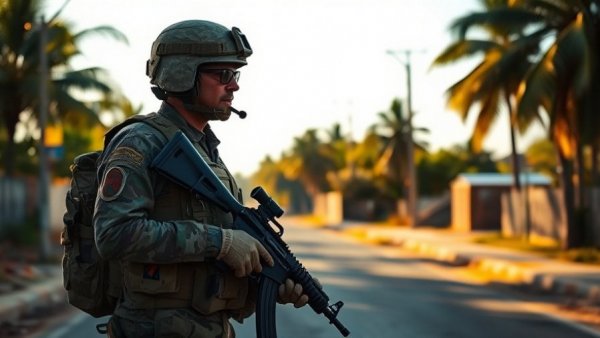 Soldier on rural road amid TotalEnergies war crimes allegations.