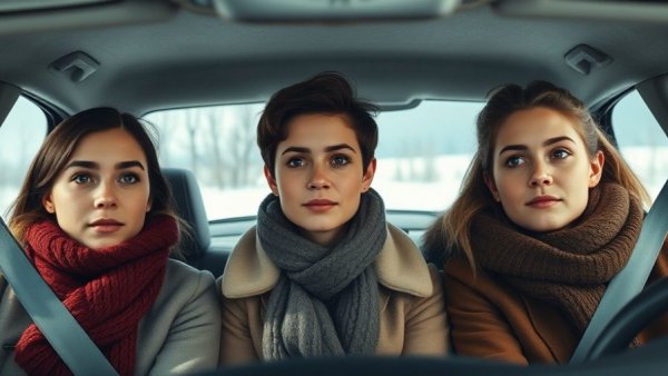 Immigrants Seeking Deportation: Family in winter clothes in car with neutral expressions.