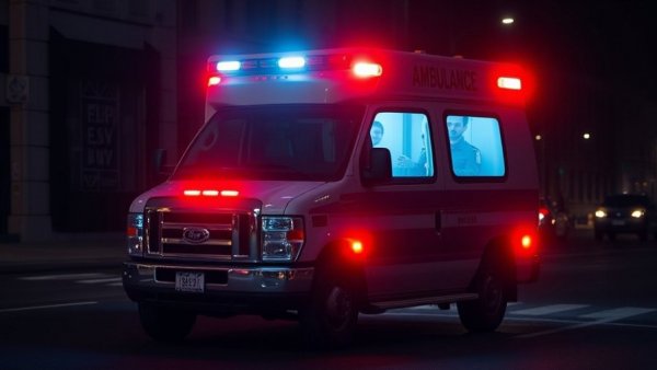 Emergency ambulance with flashing lights in dark urban setting, Denver local news.
