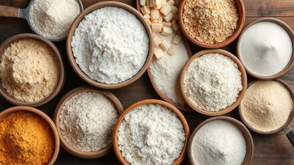 Assorted healthiest flours to use instead of all-purpose flour in a rustic kitchen.
