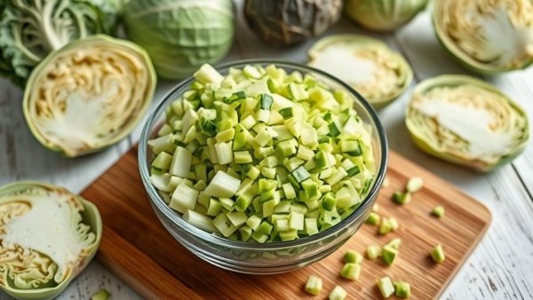 Chopped green cabbage in a bowl on a cutting board, highlighting health benefits.